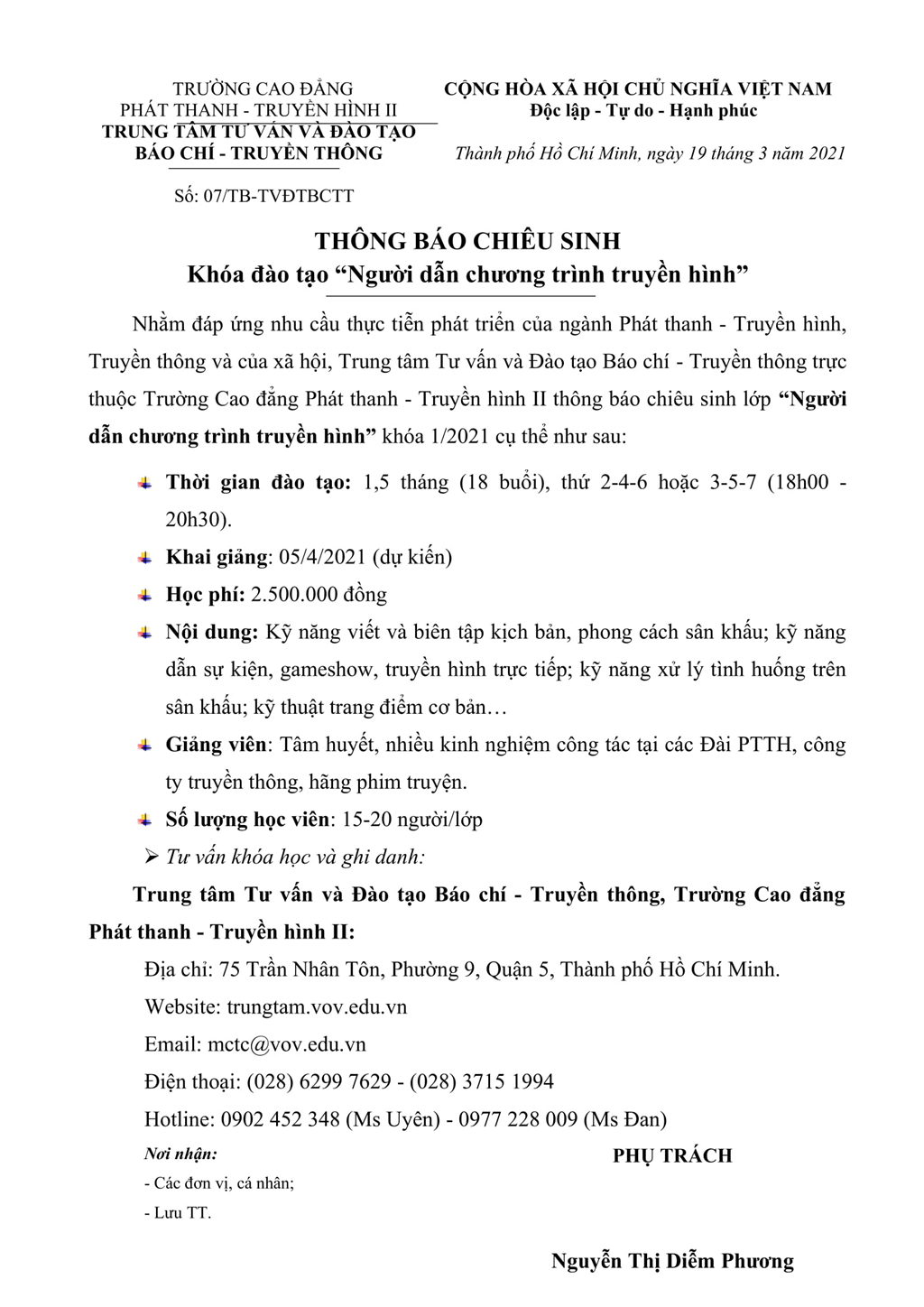 Thông báo chiêu sinh khóa đào tạo “Người dẫn chương trình truyền hình”