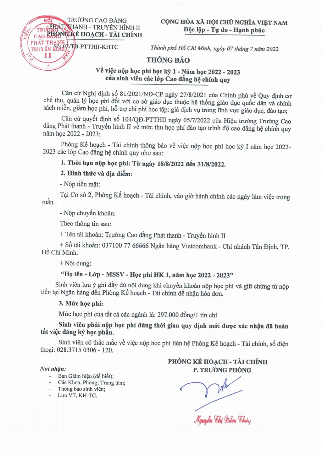 Thông báo về việc nộp học phí học kỳ 1, năm học 2022 - 2023 của sinh viên các lớp Cao đẳng chính quy