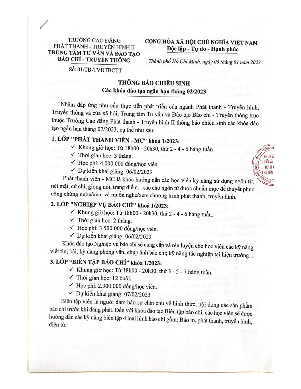Thông báo chiêu sinh các khóa đào tạo ngắn hạn tháng 02/2023