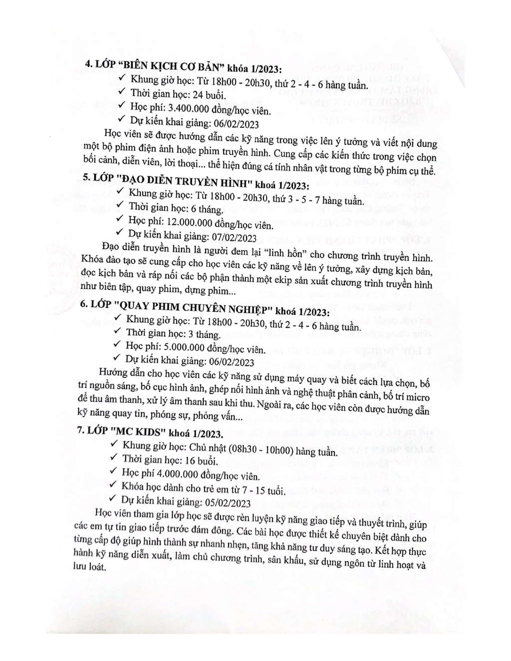 Thông báo chiêu sinh các khóa đào tạo ngắn hạn tháng 02/2023