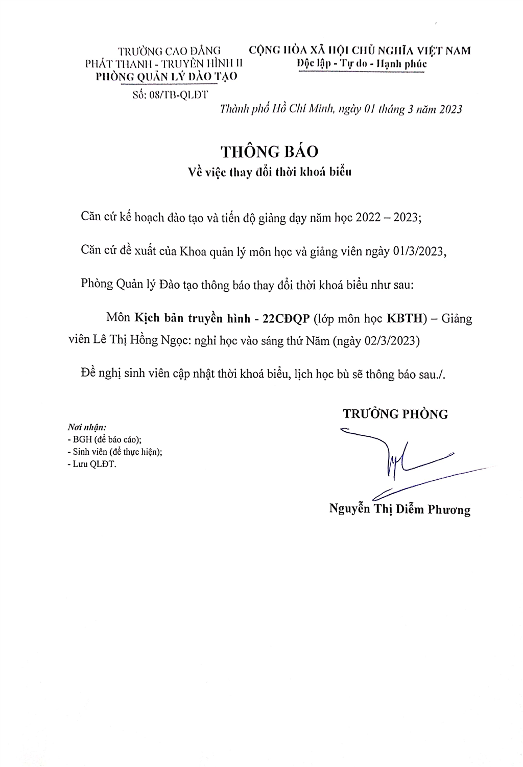 Thông báo về việc thay đổi thời khoá biểu