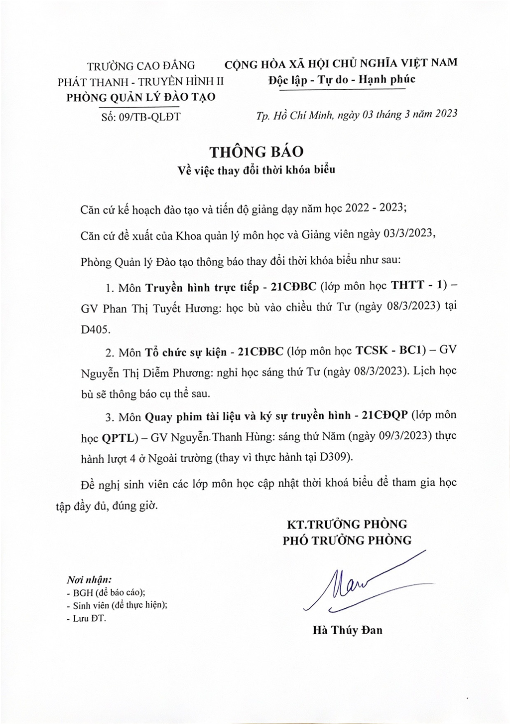 Thông báo về việc thay đổi thời khoá biểu