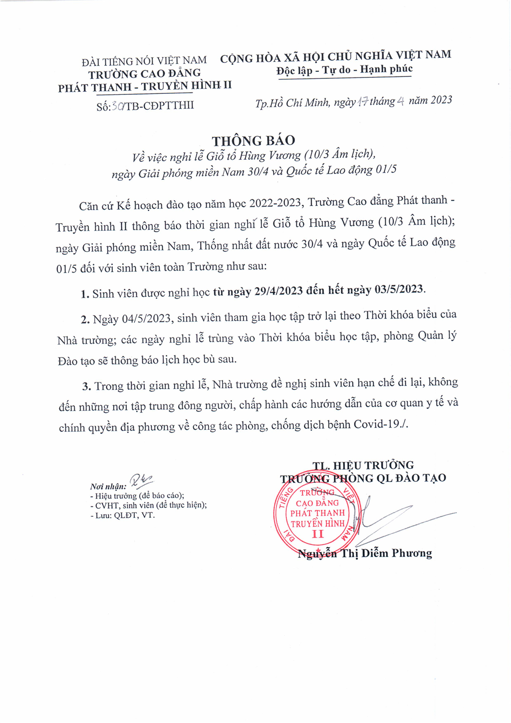 Thông báo về việc nghỉ Lễ Giổ tổ Hùng Vương (10/3 Âm lịch), ngày Giải phóng miền Nam 30/4 và Quốc tế Lao động 01/5