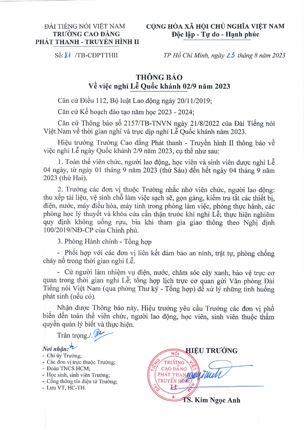 Thông báo về việc nghỉ Lễ Quốc khánh 02/9 năm 2023