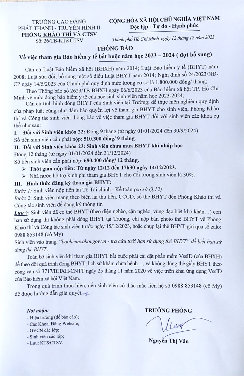 Thông báo về việc tham gia Bảo hiểm y tế bắt buộc năm học 2023 - 2024. (đợt bổ sung)