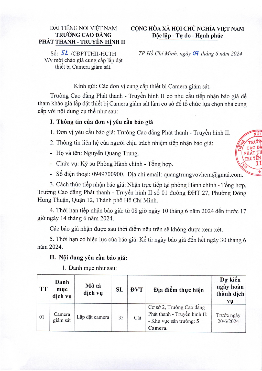 Thông báo về việc mời chào giá cung cấp lắp đặt thiết bị Camera giám sát